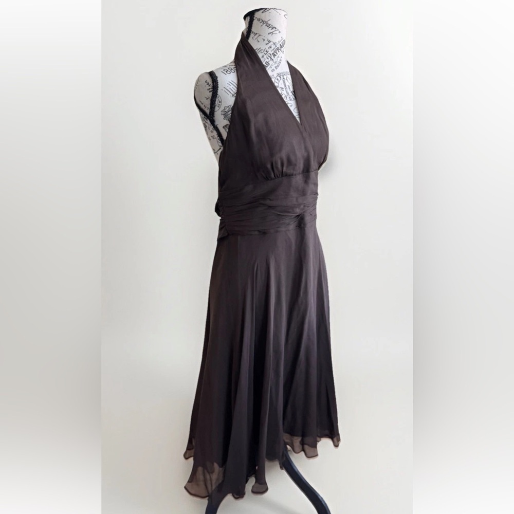 London Times Brown Silk Ruched Whimsy Fairy Y2K Halter Cocktail Party Dress 14